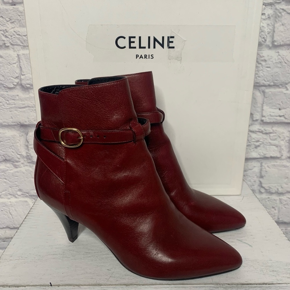 Celine Jodhpur Burgundy Leather Triangle Heel Ankle Booties